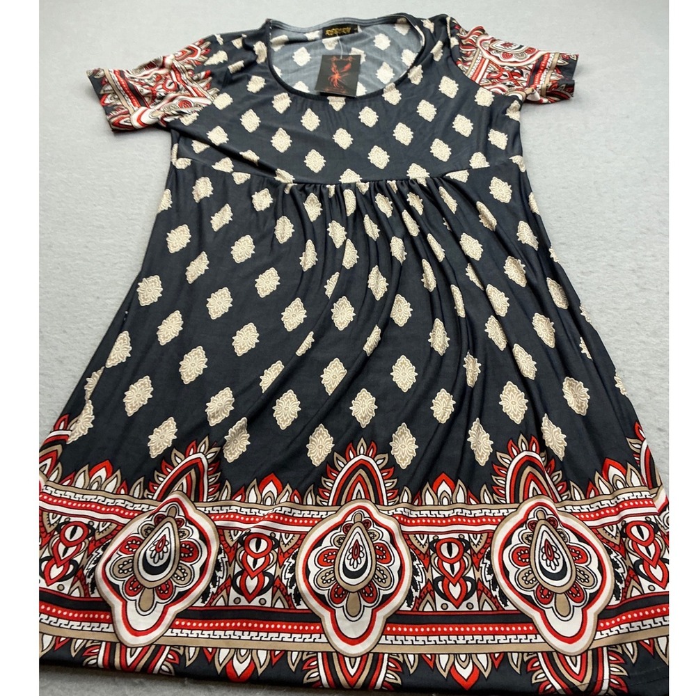 Reborn Paisley Medallion Print Short Sleeve Empire Waist Dress Large Grey